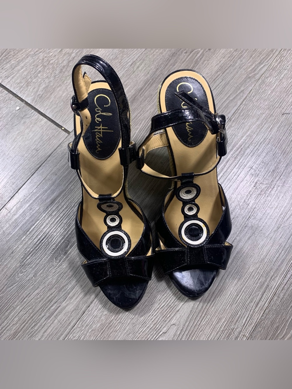 Cole Haan Black & White Patent Leather Espadrille Wedge Heel Sandals size 7